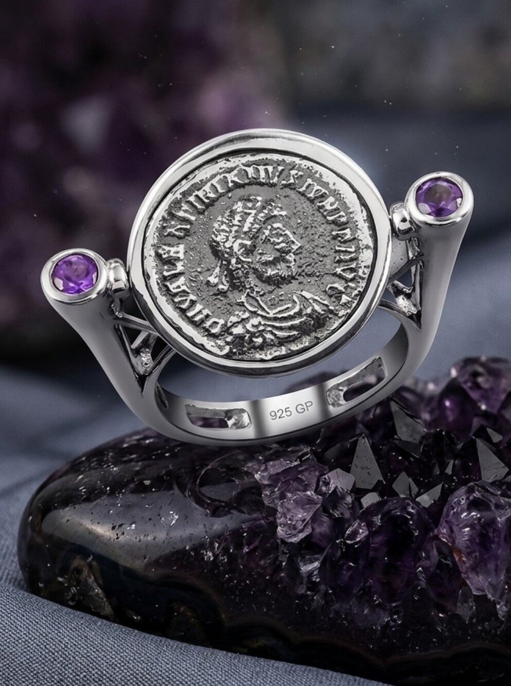 GP Roman Coin, Miracle Glow Collection Amethyst Coin Ring in Platinum Over 925